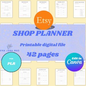 Etsy shop planner, Printable Digital Product, Canva Editable 40+, Sell on Etsy, PLR Resell Rights, bonus 40 free listings for new Etsy shops