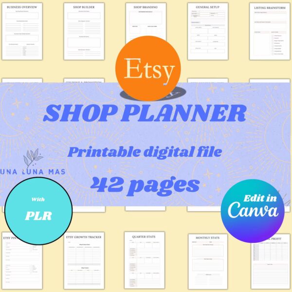 Etsy shop planner, Printable Digital Product, Canva Editable 40+, Sell on Etsy, PLR Resell Rights, bonus 40 free listings for new Etsy shops